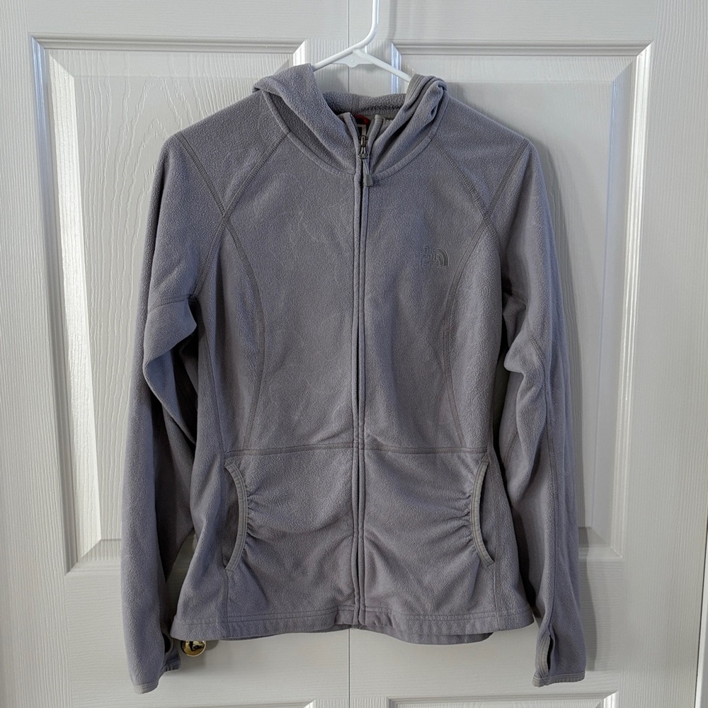 North Face Women's Light Gray Hooded Fleece, Full-zip, Thumb Holes, Medium